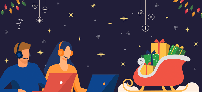 Información y Atención UGR Navidad 2023 Dos Personas de atención telefónico e informático al estudiante con un regalos de navidad