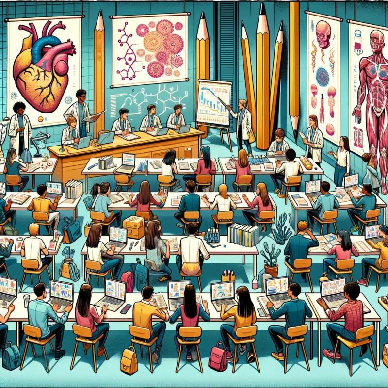 Representación de una clase de medicina donde aparecen los estudiantes sentados en sus mesas y profesores explicando la materia Representación de clase de estudiantes de medicina